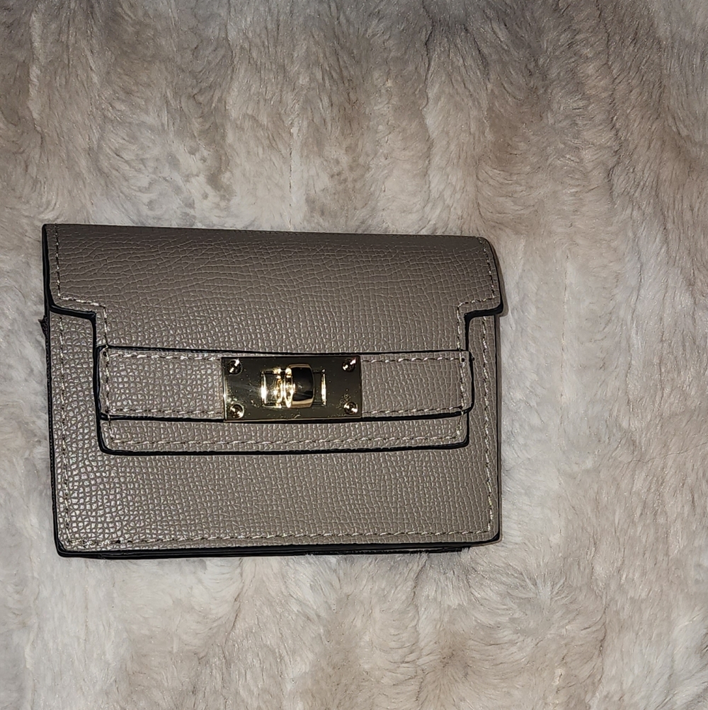 Taupe Textured Leather Mini Wallet with Gold Turn-Lock